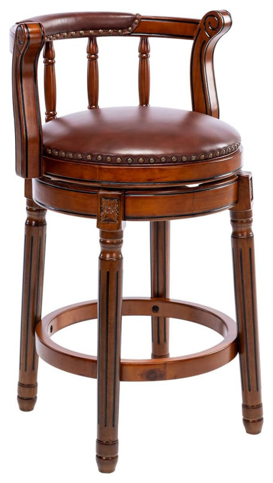 26'' Swivel Bar Stools with Back, Counter Height, Cow top Leather, Brown