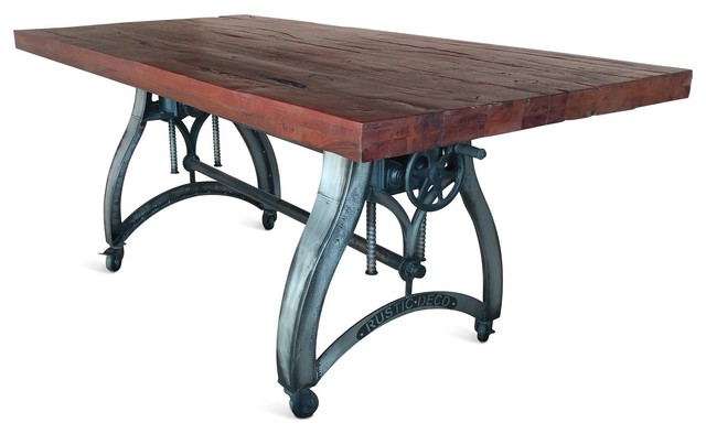 Dining Table, Adjustable Crank Base, Casters, Embossed Iron, Dark