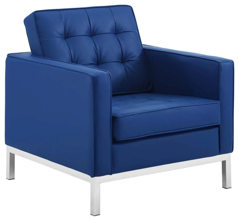 Aaliyah Silver Navy Tufted Upholstered Faux Leather Armchair