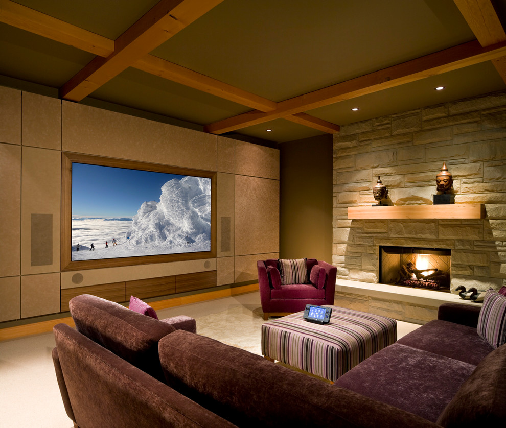 Mid-sized transitional enclosed home theatre in Vancouver with green walls and a projector screen.