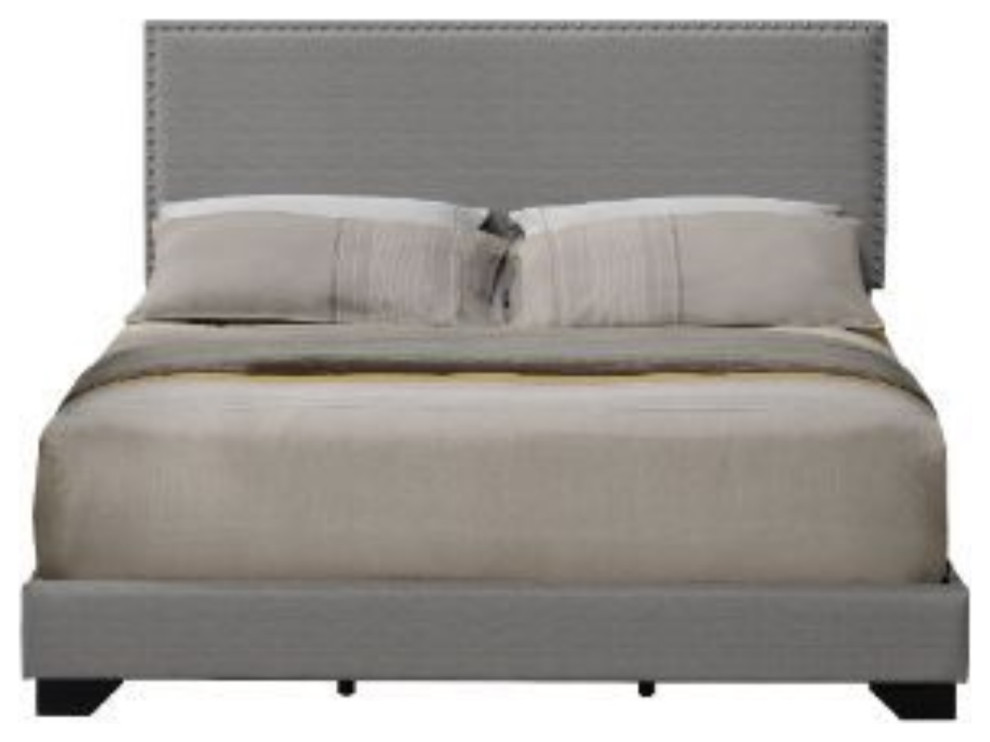 Queen Bed, Light Gray Fabric Transitional Panel Beds by