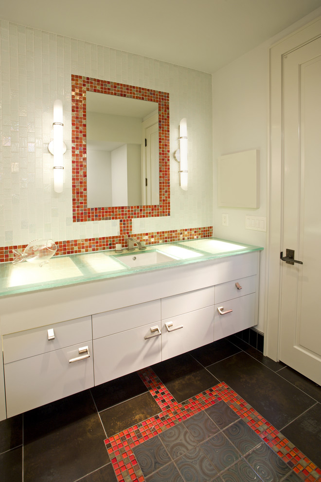 Photo of a contemporary bathroom in Minneapolis with mosaic tile, red tile and turquoise benchtops.