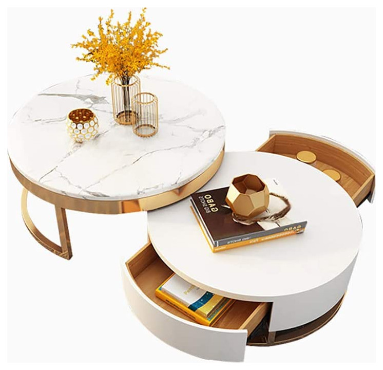 Modern White Round Coffee Table with Storage White Faux Marble Nesting ...