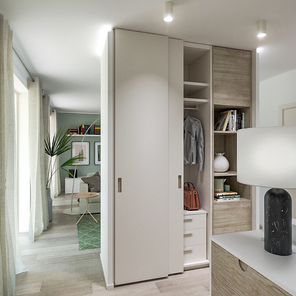 Mid-sized contemporary vestibule in Milan with white walls, porcelain floors, a single front door, a white front door and beige floor.