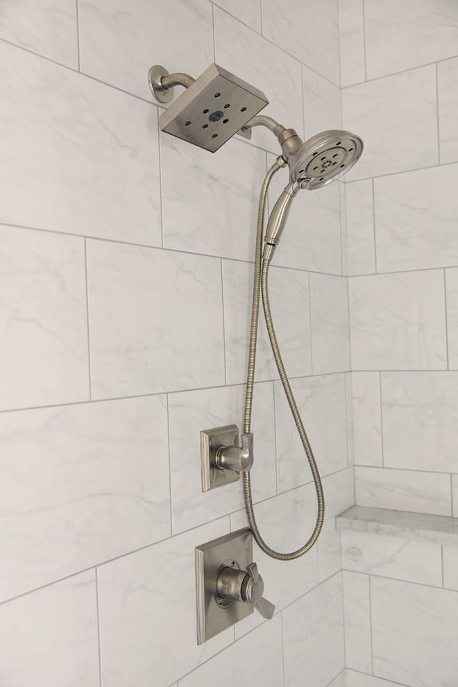 Example of a huge mountain style master white tile and subway tile white floor bathroom design with medium tone wood cabinets, gray walls, an integrated sink and white countertops