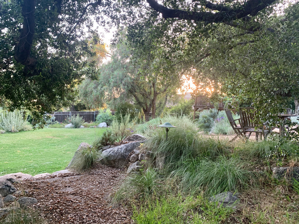 This is an example of a large scandinavian front yard partial sun xeriscape for summer in Los Angeles with with rock feature and decomposed granite.