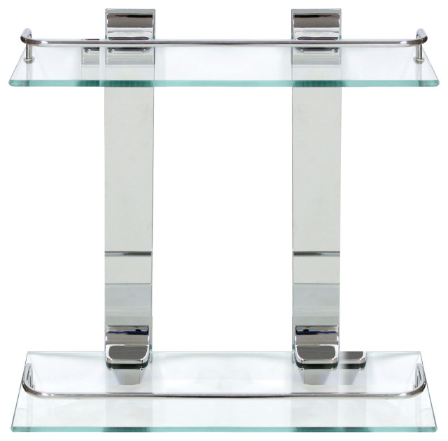 MODONA's 13.75" Double Glass Wall Shelf With Rail, Polished Chrome