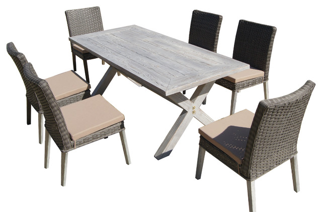 7 Piece Antique Gray Hard Wood Wicker Patio Dining Set Beige Cushions Tropical Outdoor Sets By Virventures - 7 Piece Outdoor Wicker Patio Dining Set 7 Piece Antique Gray Hard Wood Wicker Patio Dining Set Beige Cushions Tropical Outdoor Sets By Virventures - 7 Piece Outdoor Wicker Patio Dining Set