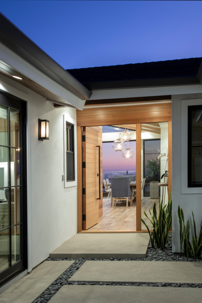 Example of a transitional concrete floor front door design in Orange County with a light wood front door