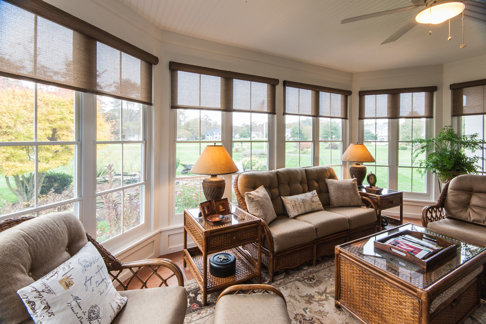 Mid-sized traditional sunroom in Other with ceramic floors, no fireplace and a standard ceiling.