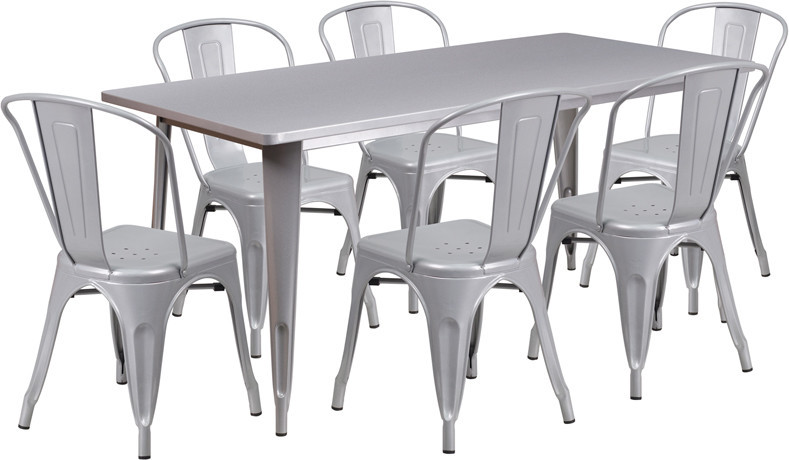 31.5  x63   Rectangular Silver Metal Table Set With 6 Stack Chairs