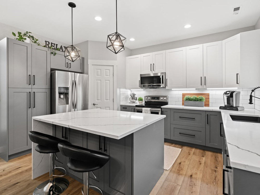White and Gray Accented Kitchen Features
