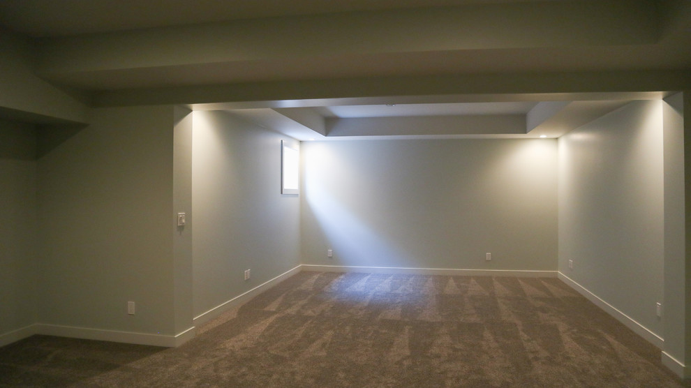 Large transitional underground carpeted and gray floor basement photo in Calgary with gray walls