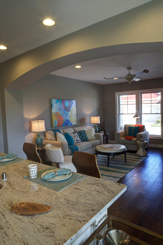Mid-sized transitional open concept family room in Other with beige walls.
