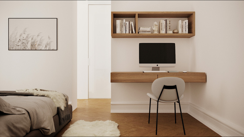Photo of a mid-sized transitional study room in Paris with beige walls, medium hardwood floors, no fireplace, a freestanding desk, beige floor, recessed and wood walls.