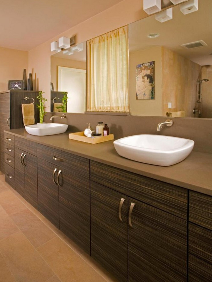 Photo of a mid-sized asian master bathroom in Seattle with flat-panel cabinets, dark wood cabinets, brown walls, ceramic floors, a vessel sink and solid surface benchtops.