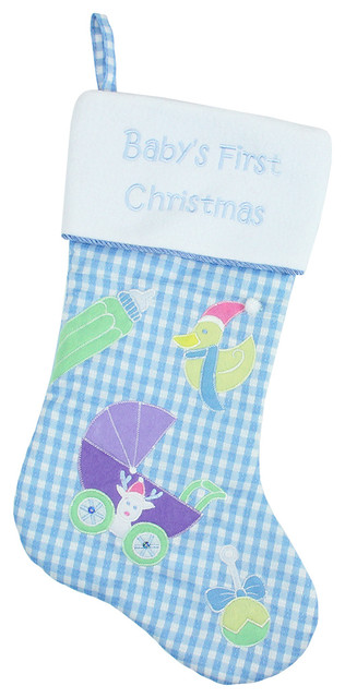 18.5" Blue and White Checked "Baby's First Christmas" Embroidered Stocking with
