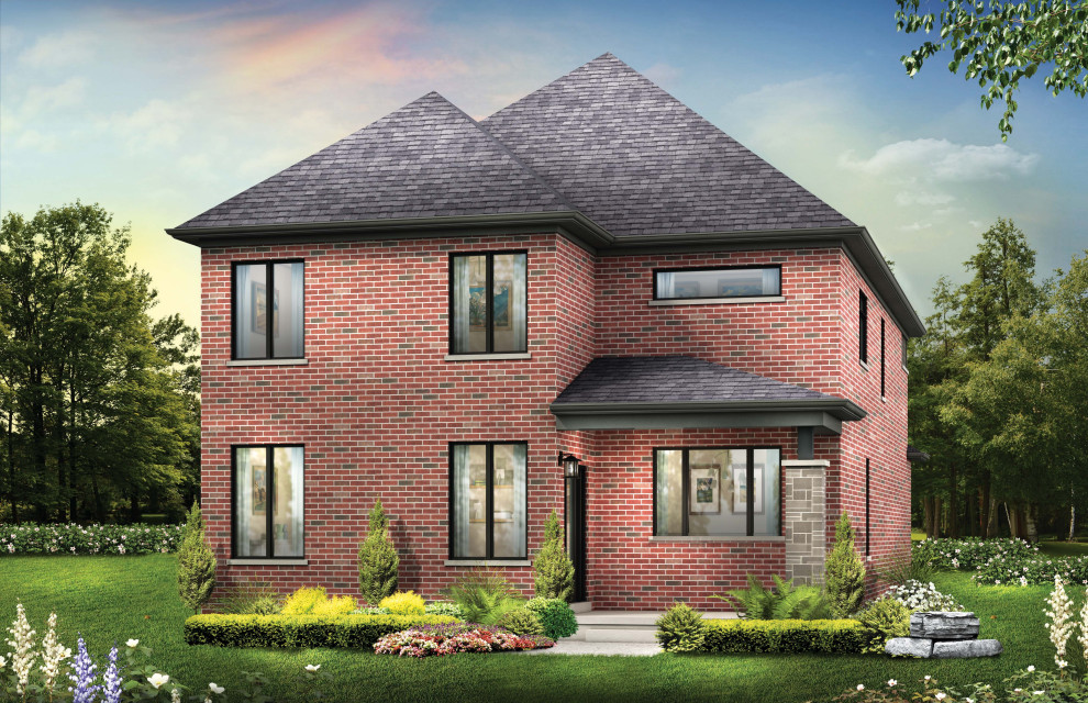 Design ideas for a mid-sized transitional two-storey brick brown house exterior in Toronto with a hip roof and a shingle roof.