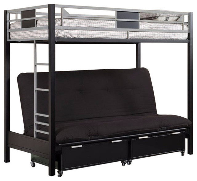 Benzara BM165958 Metal Twin Bunk Bed With Futon Base, Silver and Black