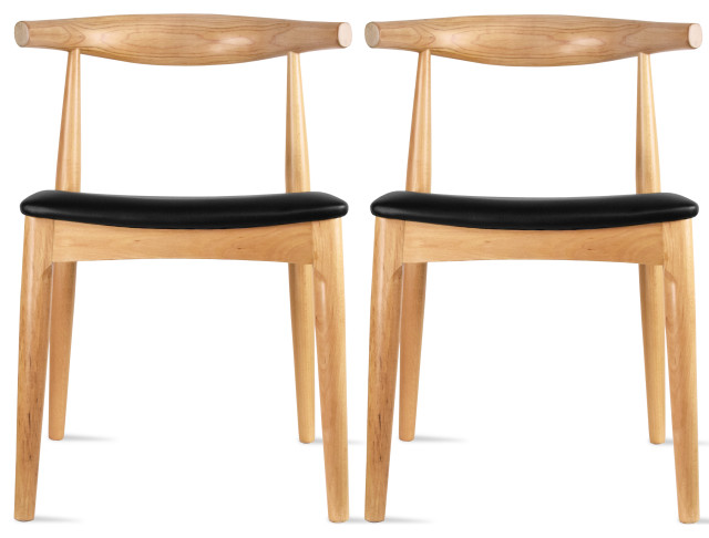 Set of 2 Modern Wooden Elbow Dining Chairs With PU Leather or Beige Fabric Seat, Natural