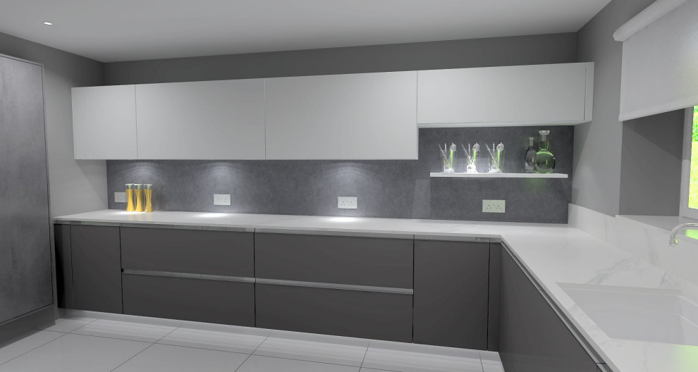 Photo of a large modern u-shaped open plan kitchen in West Midlands with flat-panel cabinets, grey cabinets, marble worktops, an island and white worktops.