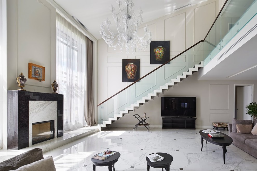 Transitional straight staircase in Moscow with glass railing.