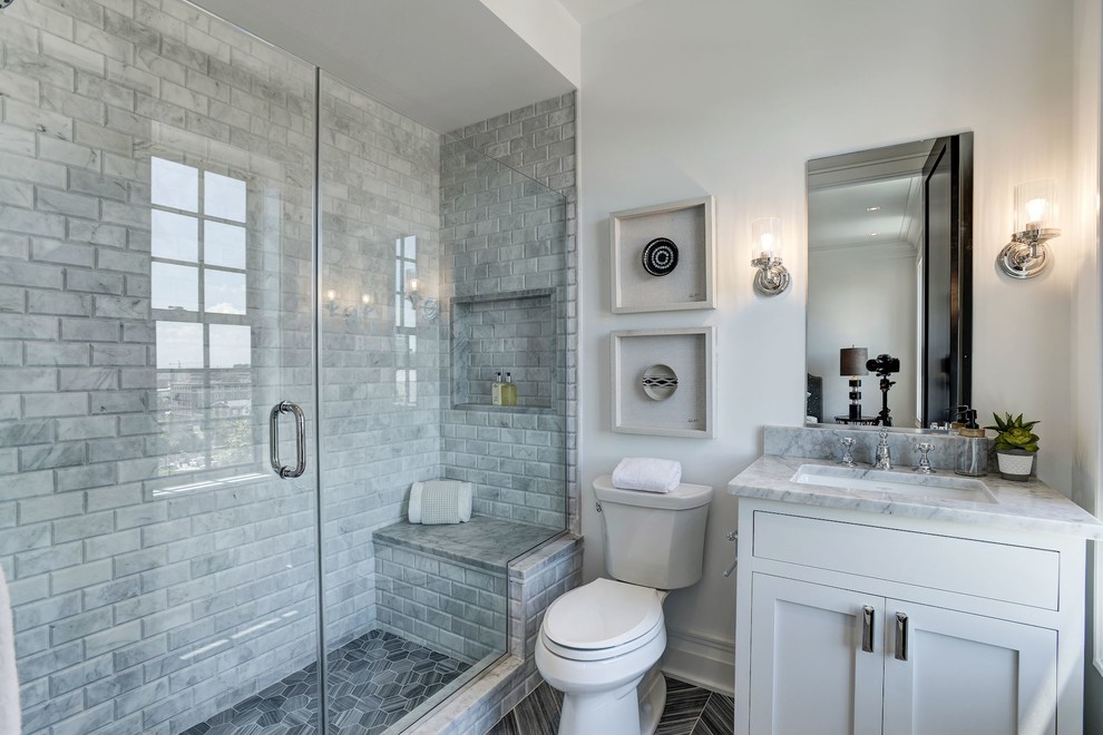 Mid-sized transitional bathroom in DC Metro with recessed-panel cabinets, white cabinets, a two-piece toilet, white walls and an undermount sink.
