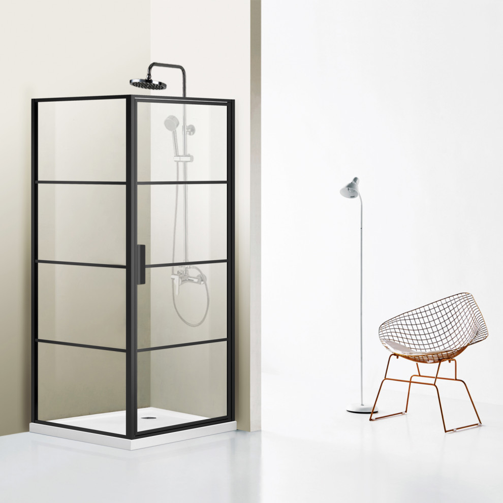 Sondrio Matte Black Pivot Shower Door Enclosure Contemporary Shower