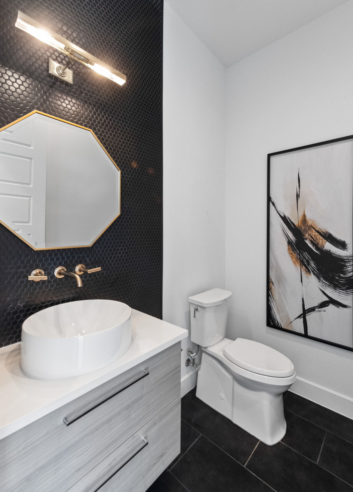 Small contemporary 3/4 bathroom in Dallas with flat-panel cabinets, grey cabinets, black tile, stone tile, white walls, slate floors, quartzite benchtops, black floor, white benchtops, a single vanity and a floating vanity.