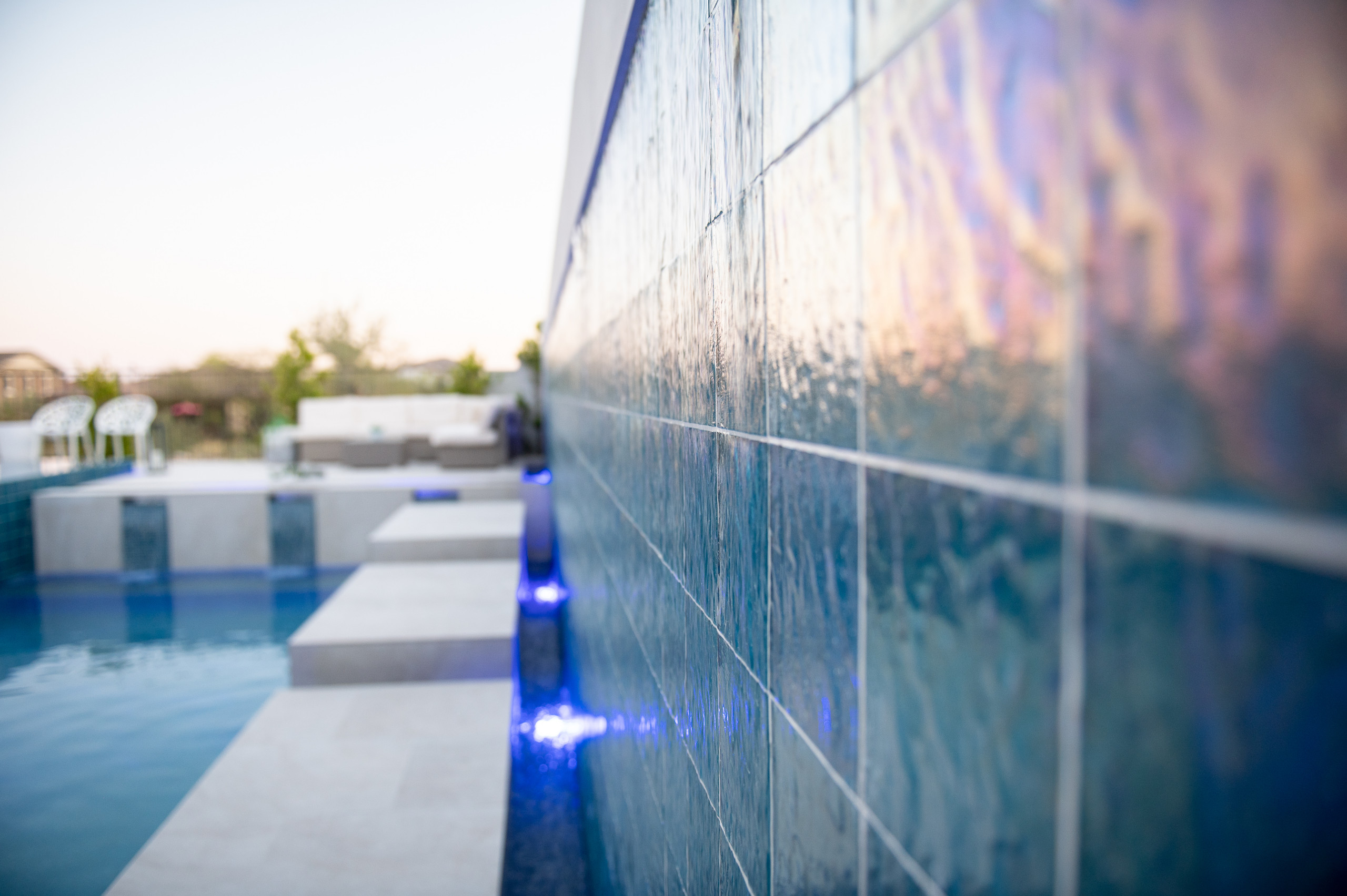 Large glass tile water feature wall