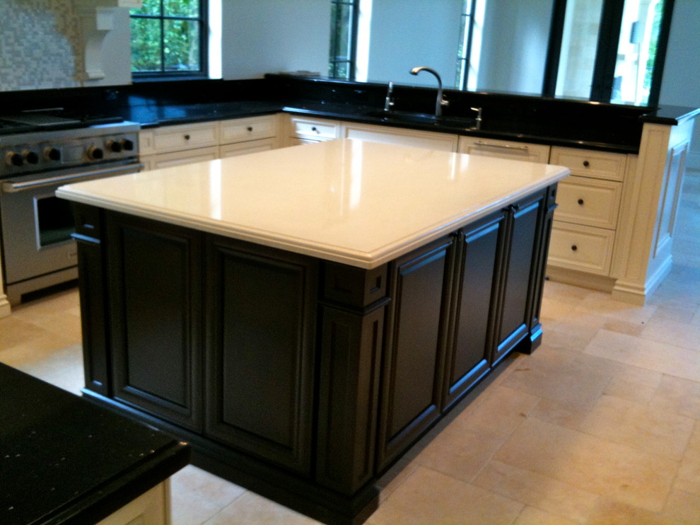 Large transitional u-shaped ceramic tile and beige floor open concept kitchen photo in Miami with a single-bowl sink, raised-panel cabinets, white cabinets, quartzite countertops, multicolored backsplash, stone tile backsplash, stainless steel appliances and an island