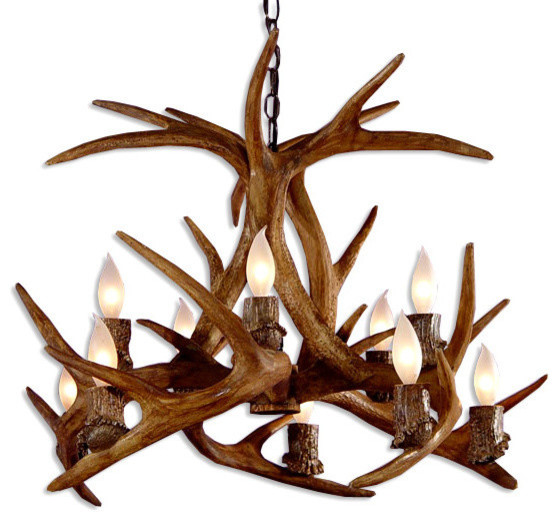 Reproduction Antler Whitetail Inverted Chandelier Light, RS3 Rustic