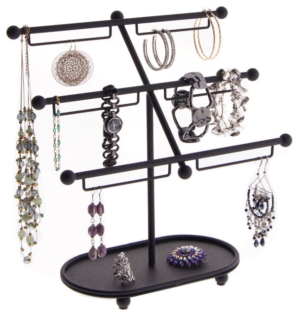 Coralpearl Jewelry Tree Metal Hanging Display Stand Table Top Necklace Bracelet Organizer Rack 44 Pair Earring Hanger Holder Tower with Round Plate Base for Women Girls 3 Bird Nest Silver 