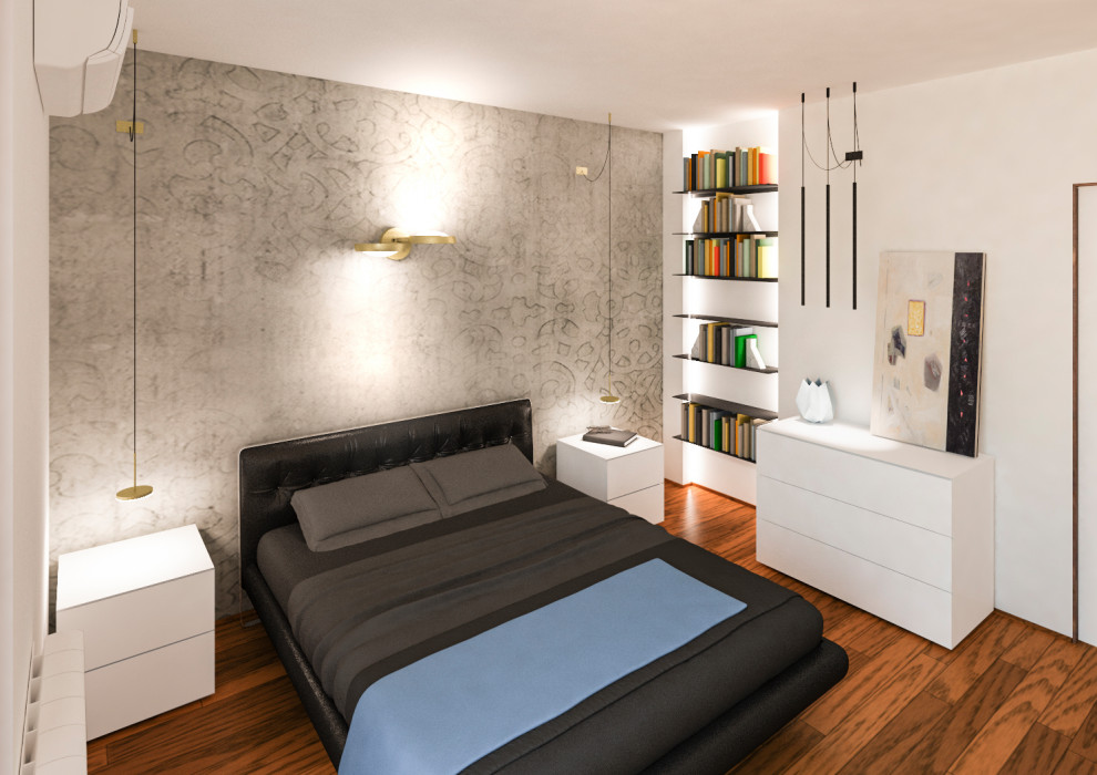 На фото: хозяйская спальня среднего размера в стиле модернизм с серыми стенами, темным паркетным полом, коричневым полом и обоями на стенах с