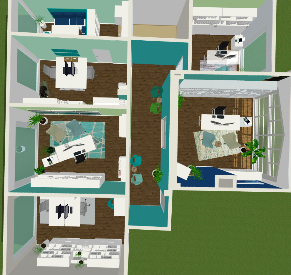 Idee per un grande ufficio minimal con pareti blu, pavimento in legno massello medio, scrivania autoportante e pavimento marrone
