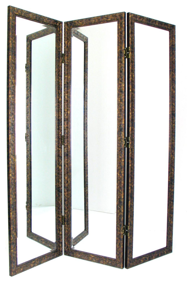 Unique Room Divider, Antique Bronze Finished Frame With 3 Mirrored Glass Panels