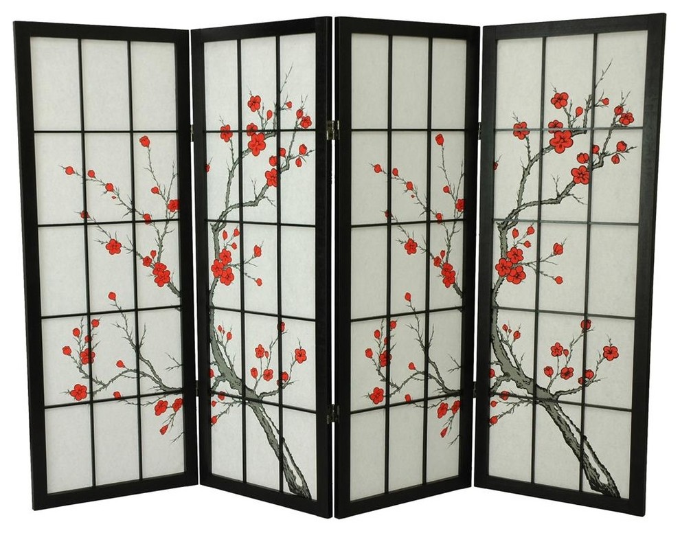 4 ft. Tall Low Cherry Blossom Shoji Screen (Black / 4 Panels)