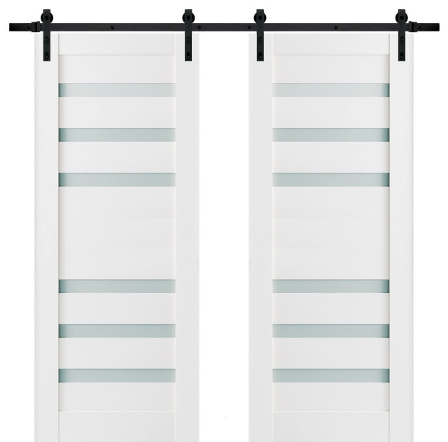 Double Barn Door Frosted Glass, Quadro 4266 White, 13FT, 36"x84" (2* 18x84) Transitional