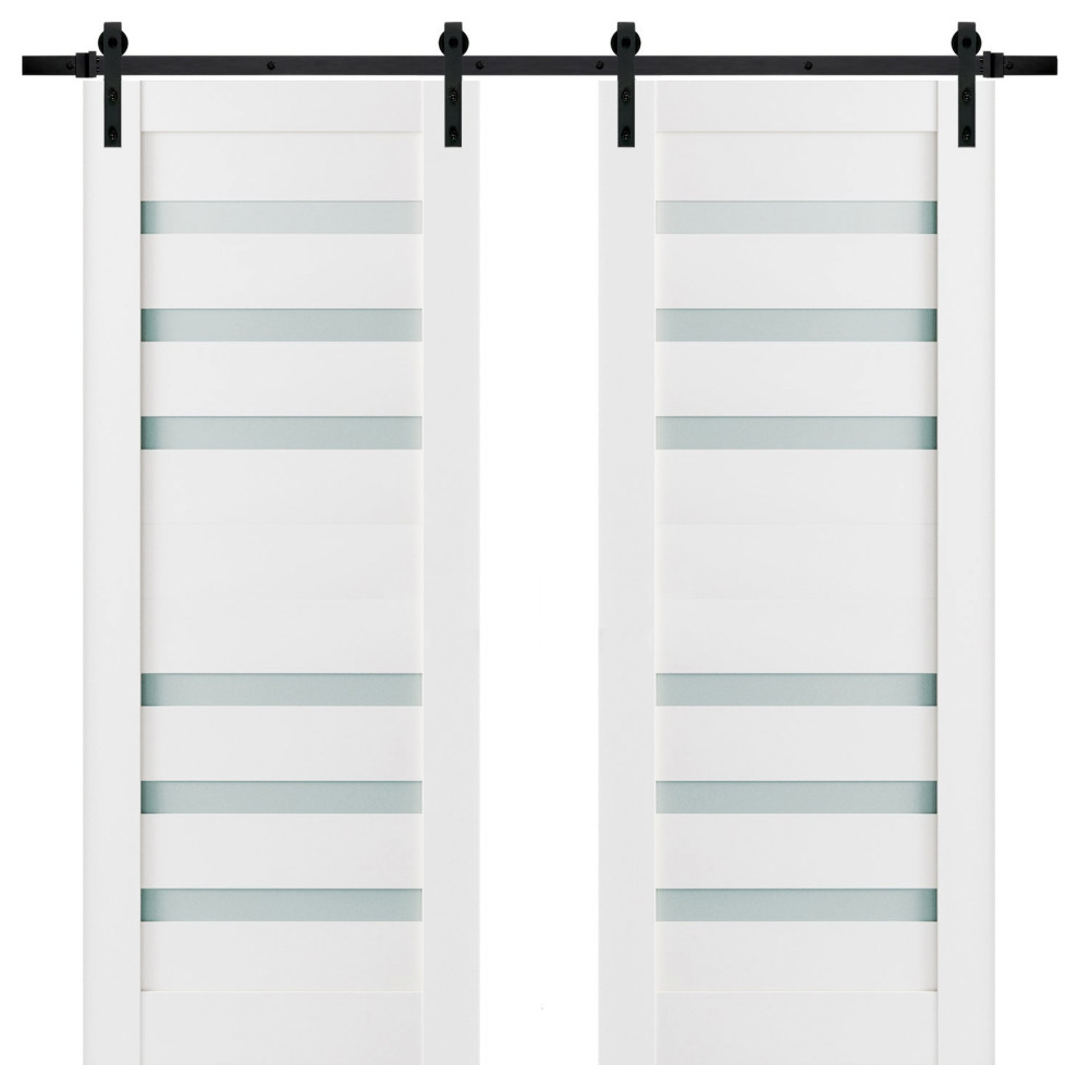 Double Barn Door Frosted Glass, Quadro 4266 White, 13FT, 36"x84" (2