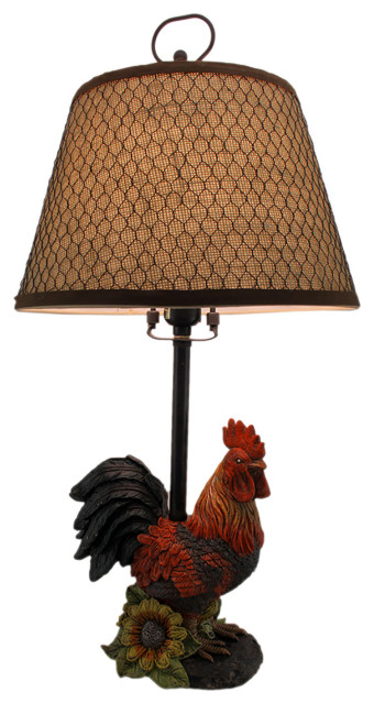 Rustic Farmhouse Rooster Table Lamp with Burlap and Wire Shade