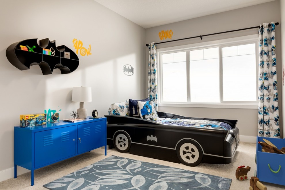 Imagen de habitación de invitados actual de tamaño medio con paredes grises, moqueta y suelo beige