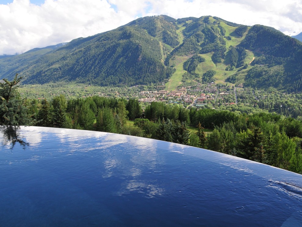 Minimalist backyard stone and custom-shaped infinity pool photo in Denver