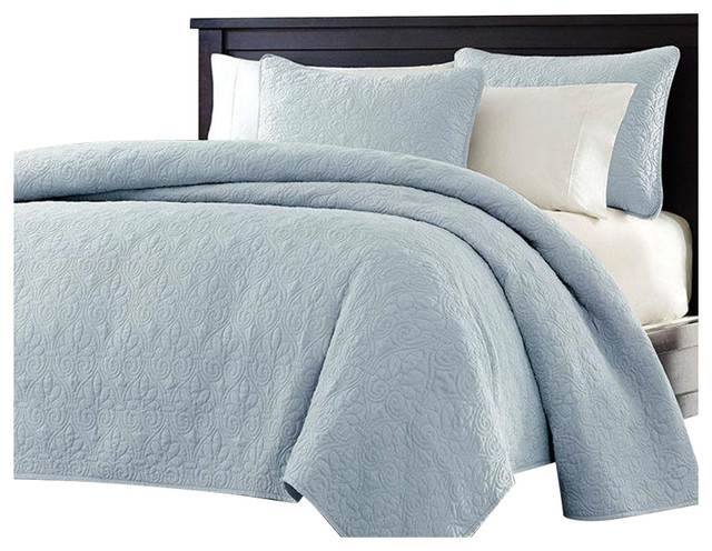 Queen Size Quilted Bedspread Coverlet, Light Blue Bedding Sets Queen