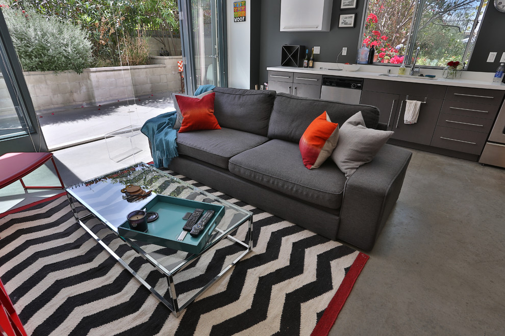 Small industrial open concept living room in San Luis Obispo with white walls and concrete floors.
