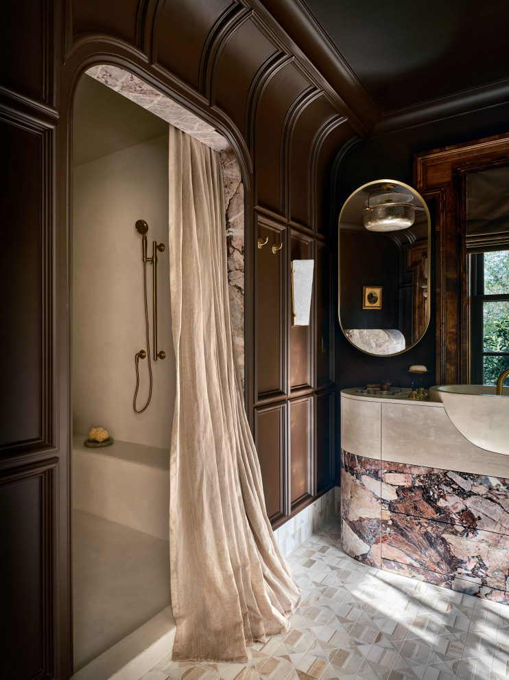 Design ideas for a mid-sized transitional master bathroom in Dallas with a shower/bathtub combo, brown walls, mosaic tile floors, granite benchtops, a shower curtain, white benchtops, a double vanity, a built-in vanity, a trough sink and panelled walls.