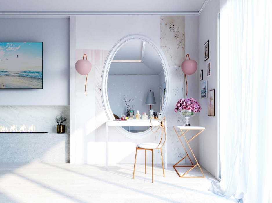 Inspiration pour une chambre parentale minimaliste de taille moyenne avec un mur multicolore, un sol en contreplaqué, une cheminée ribbon, un manteau de cheminée en pierre et un sol beige.