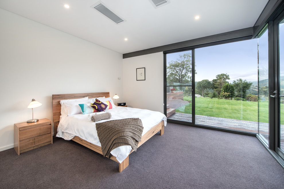 This is an example of an expansive contemporary guest bedroom in Melbourne with white walls and carpet.