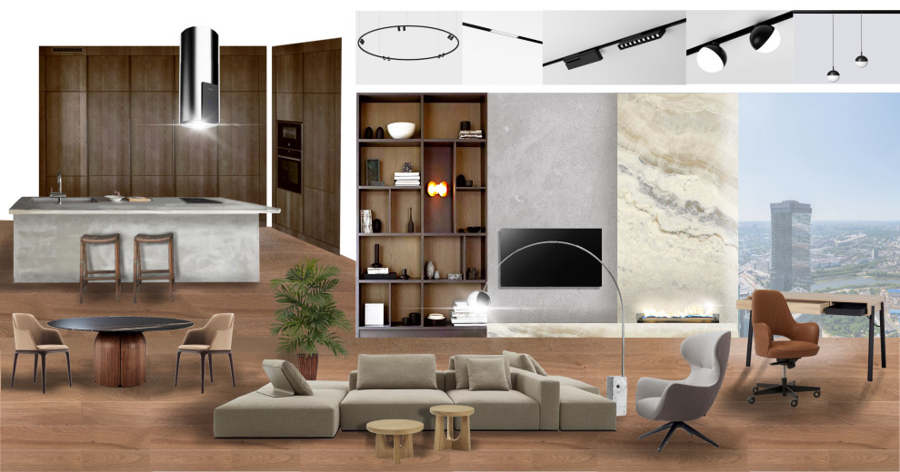 Коллаж-концепция кухни-гостиной