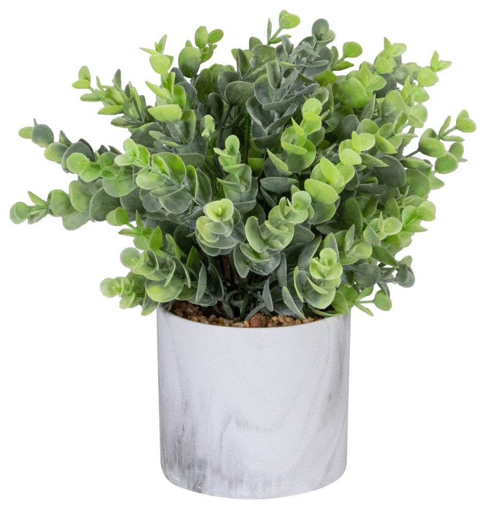 9" Green Artificial Eucalyptus in a Marble Style White Pot Modern