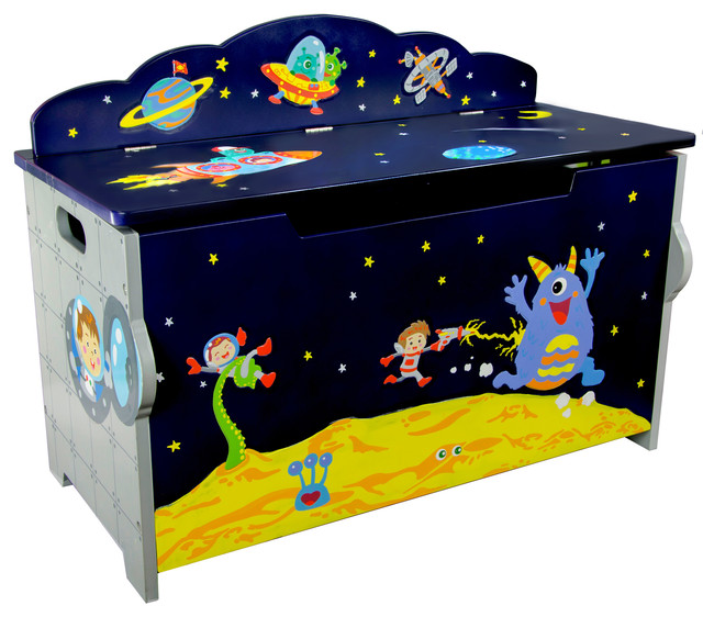 Outer Space Kids Handcrafted Wooden Toy Chest With Safety Hinges